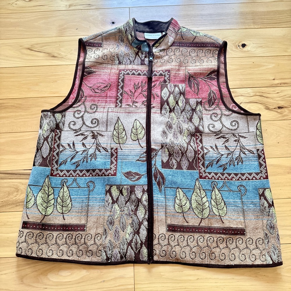 Alfred Dunner Multicolor Patterned Vest Patchwork Woven Zip